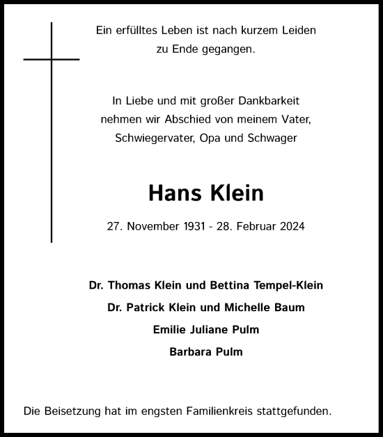 Anzeige von Hans Klein von Kölner Stadt-Anzeiger / Kölnische Rundschau / Express