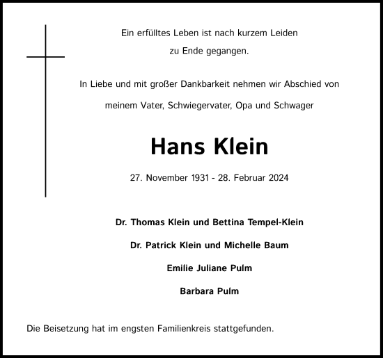 Anzeige von Hans Klein von Kölner Stadt-Anzeiger / Kölnische Rundschau / Express