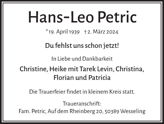 Anzeige von Hans-Leo Petric von  Schlossbote/Werbekurier 