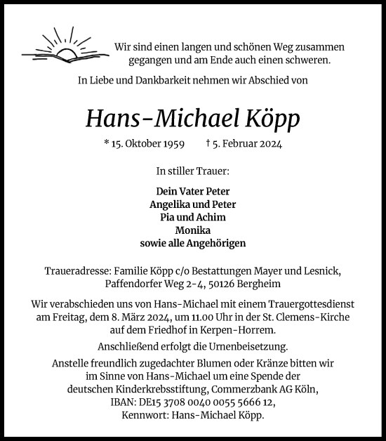 Anzeige von Hans-Michael Köpp von Kölner Stadt-Anzeiger / Kölnische Rundschau / Express