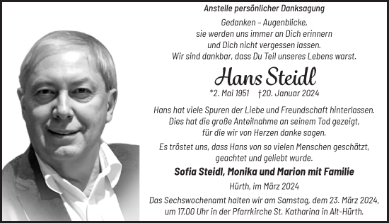 Anzeige von Hans Steidl von  Wochenende 