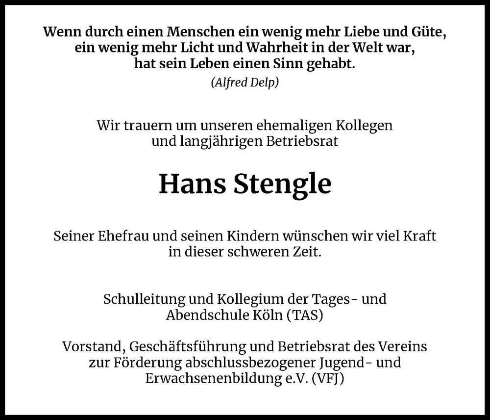  Traueranzeige für Hans Stengle vom 23.03.2024 aus Kölner Stadt-Anzeiger / Kölnische Rundschau / Express