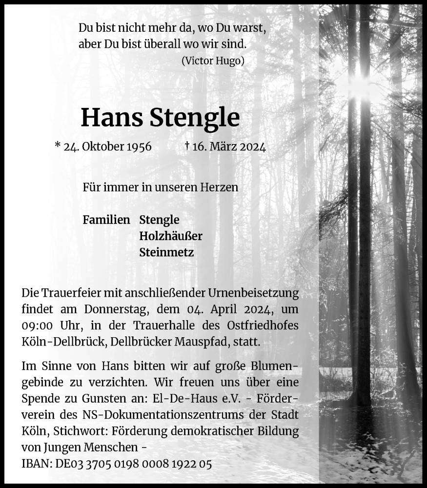  Traueranzeige für Hans Stengle vom 23.03.2024 aus Kölner Stadt-Anzeiger / Kölnische Rundschau / Express