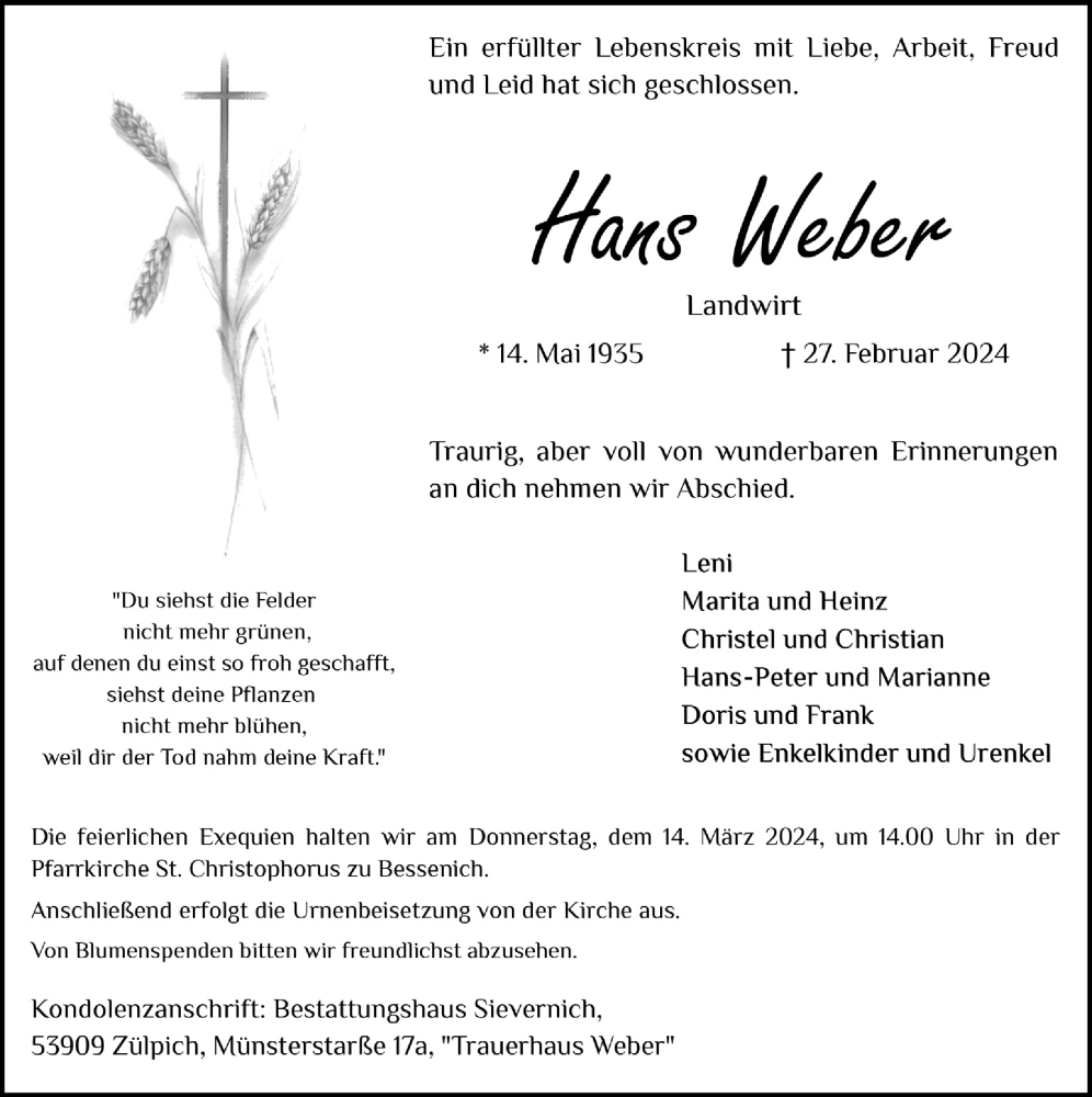  Traueranzeige für Hans Weber vom 09.03.2024 aus  Blickpunkt Euskirchen 