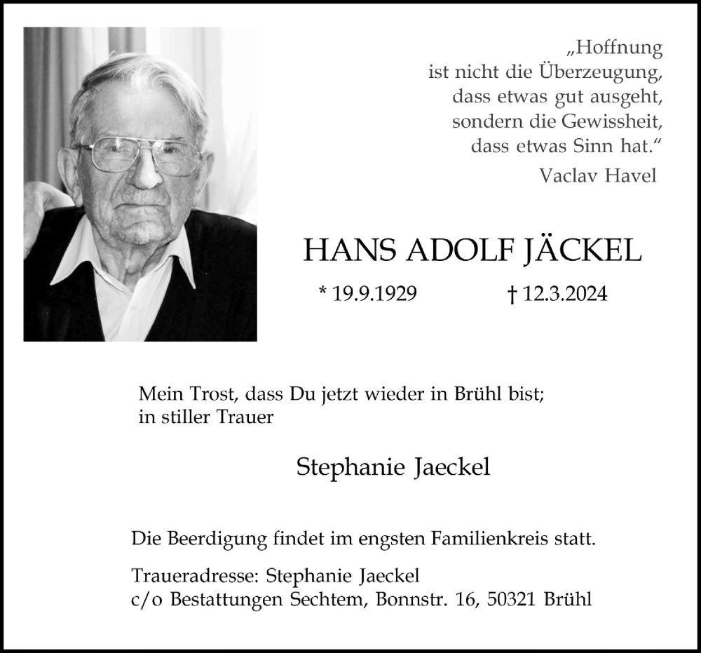  Traueranzeige für Hans Adolf Jäckel vom 22.03.2024 aus  Schlossbote/Werbekurier 