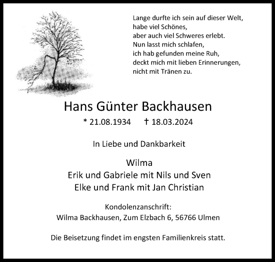 Anzeige von Hans Günter Backhausen von Kölner Stadt-Anzeiger / Kölnische Rundschau / Express