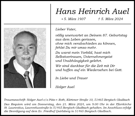Anzeige von Hans Heinrich Auel von  Bergisches Handelsblatt 