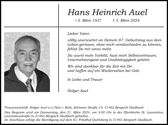 Anzeige von Hans Heinrich Auel von Kölner Stadt-Anzeiger / Kölnische Rundschau / Express
