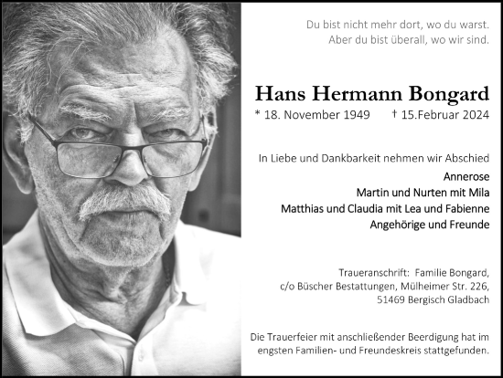 Anzeige von Hans Hermann Bongrad von  Bergisches Handelsblatt 