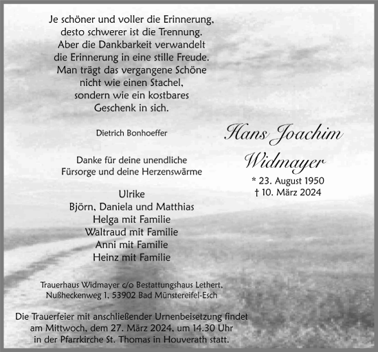 Anzeige von Hans Joachim Widmayer von  Blickpunkt Euskirchen 