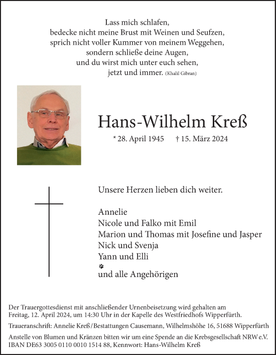 Anzeige von Hans Wilhelm Kreß von Kölner Stadt-Anzeiger / Kölnische Rundschau / Express