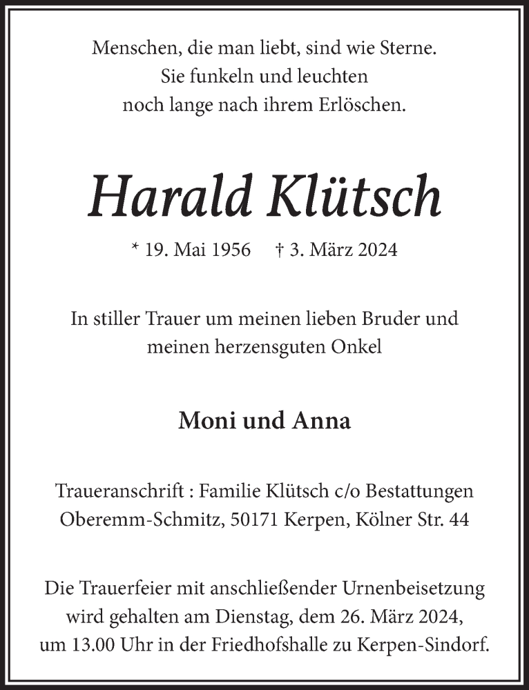  Traueranzeige für Harald Klütsch vom 22.03.2024 aus  Werbepost 