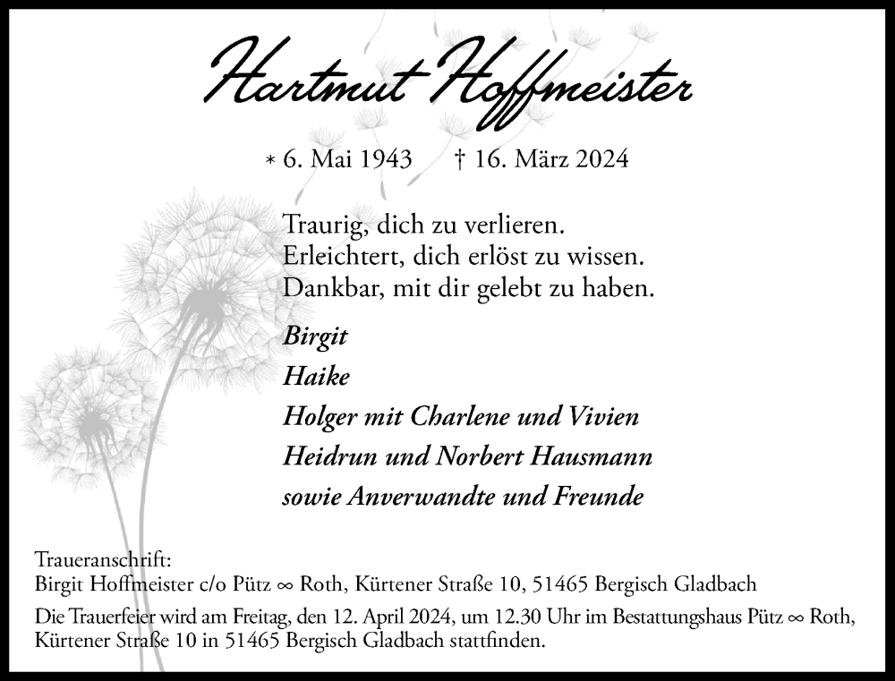  Traueranzeige für Hartmut Hoffmeister vom 23.03.2024 aus Kölner Stadt-Anzeiger / Kölnische Rundschau / Express
