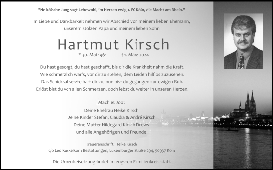 Anzeige von Hartmut Kirsch von Kölner Stadt-Anzeiger / Kölnische Rundschau / Express