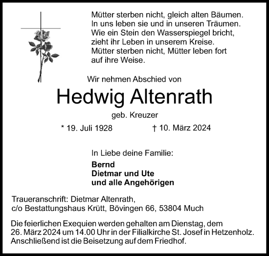 Anzeige von Hedwig Altenrath von Kölner Stadt-Anzeiger / Kölnische Rundschau / Express