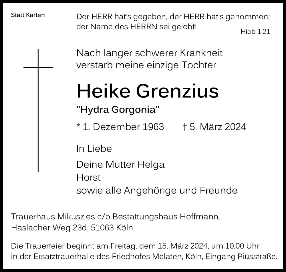  Traueranzeige für Heike Grenzius vom 09.03.2024 aus Kölner Stadt-Anzeiger / Kölnische Rundschau / Express