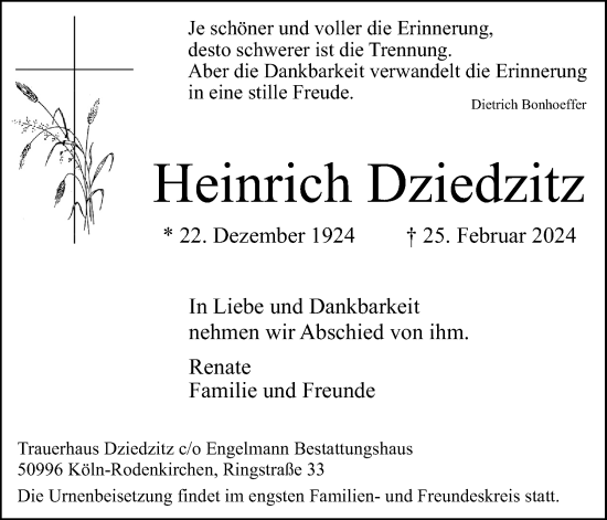 Anzeige von Heinrich Dziedzitz von Kölner Stadt-Anzeiger / Kölnische Rundschau / Express