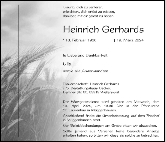 Anzeige von Heinrich Gerhards von  Blickpunkt Euskirchen 