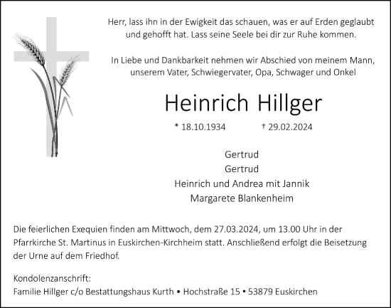 Anzeige von Heinrich Hillger von  Blickpunkt Euskirchen 