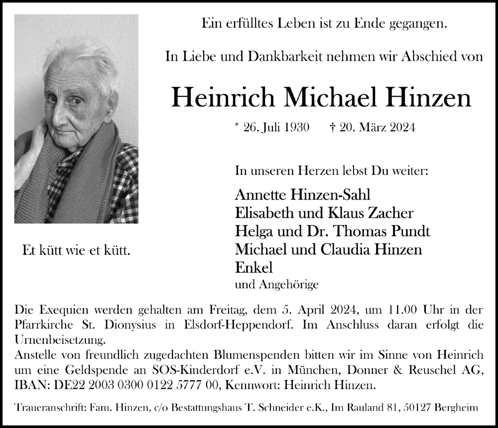  Traueranzeige für Heinrich Michael Hinzen vom 28.03.2024 aus  Werbepost 
