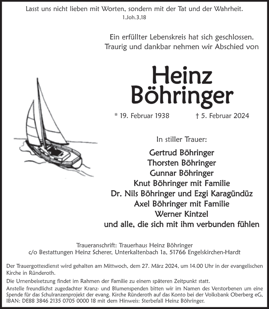  Traueranzeige für Heinz Böhringer vom 08.03.2024 aus  Anzeigen Echo 