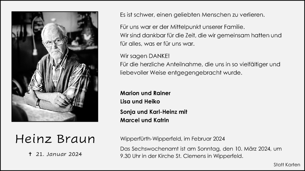  Traueranzeige für Heinz Braun vom 02.03.2024 aus Kölner Stadt-Anzeiger / Kölnische Rundschau / Express