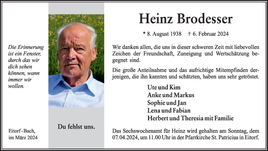 Anzeige von Heinz Brodesser von Kölner Stadt-Anzeiger / Kölnische Rundschau / Express