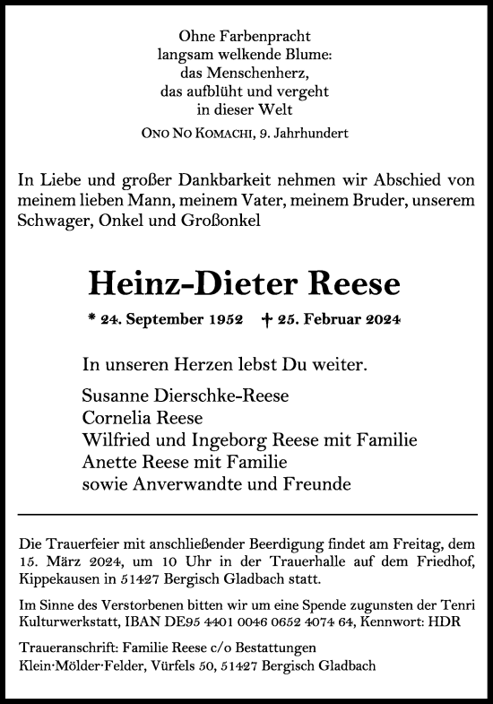 Anzeige von Heinz-Dieter Reese von Kölner Stadt-Anzeiger / Kölnische Rundschau / Express