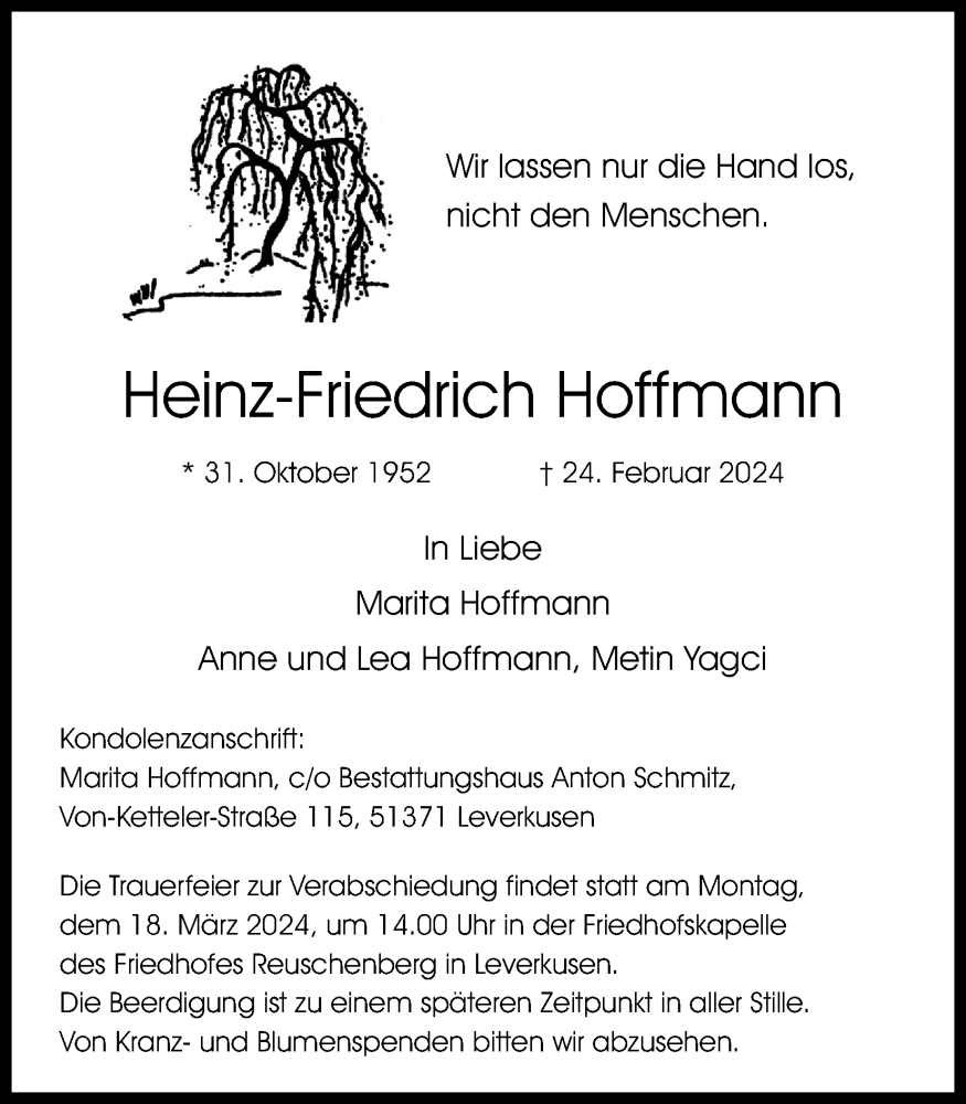  Traueranzeige für Heinz-Friedrich Hoffmann vom 09.03.2024 aus Kölner Stadt-Anzeiger / Kölnische Rundschau / Express