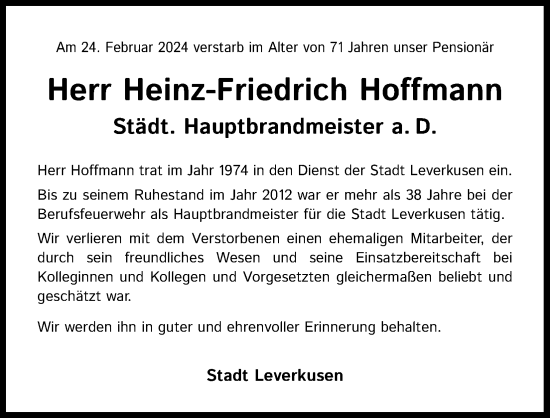Anzeige von Heinz-Friedrich Hoffmann von Kölner Stadt-Anzeiger / Kölnische Rundschau / Express