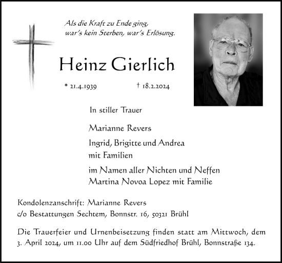 Anzeige von Heinz Gierlich von  Schaufenster/Blickpunkt  Schlossbote/Werbekurier 