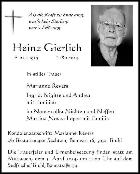 Anzeige von Heinz Gierlich von Kölner Stadt-Anzeiger / Kölnische Rundschau / Express