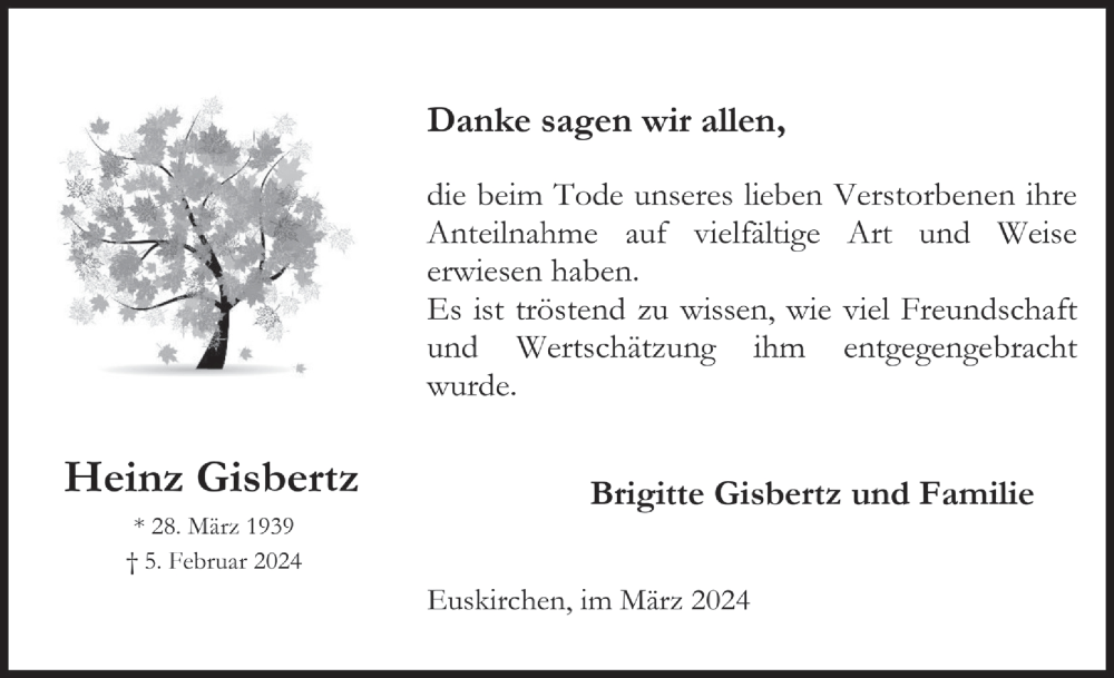  Traueranzeige für Heinz Gisbertz vom 30.03.2024 aus  Blickpunkt Euskirchen 