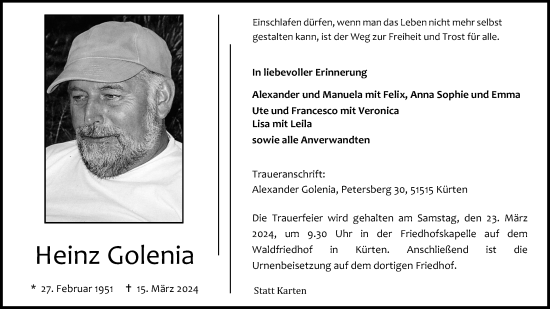 Anzeige von Heinz Golenia von Kölner Stadt-Anzeiger / Kölnische Rundschau / Express