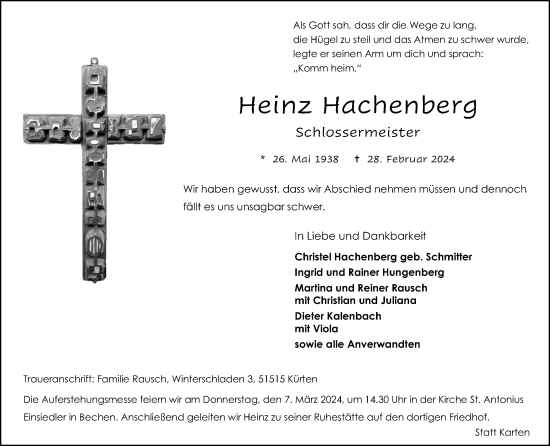Anzeige von Heinz Hachenberg von Kölner Stadt-Anzeiger / Kölnische Rundschau / Express