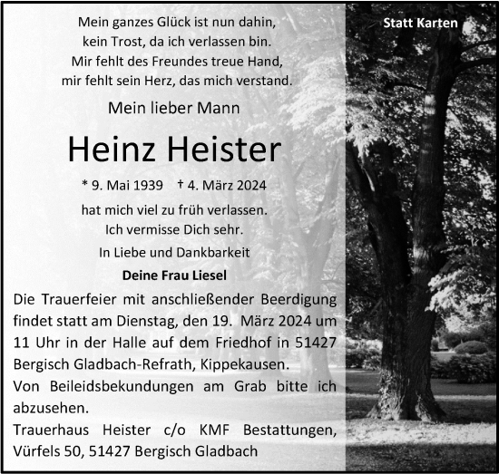 Anzeige von Heinz Heister von Kölner Stadt-Anzeiger / Kölnische Rundschau / Express