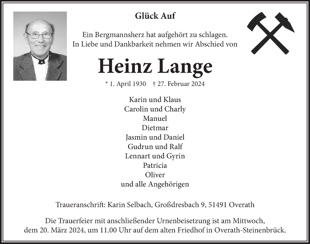  Traueranzeige für Heinz Lange vom 08.03.2024 aus  Bergisches Handelsblatt 