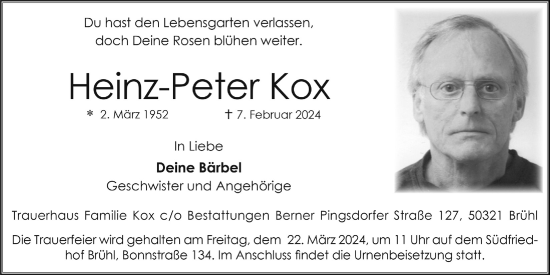 Anzeige von Heinz-Peter Kox von  Schlossbote/Werbekurier 
