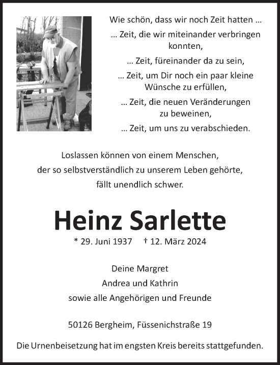 Anzeige von Heinz Sarlette von  Werbepost 