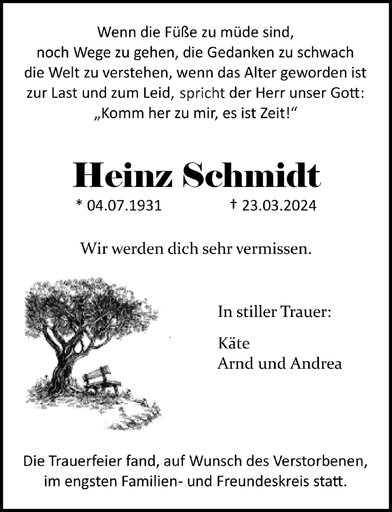  Traueranzeige für Heinz Schmidt vom 28.03.2024 aus  Lokalanzeiger 