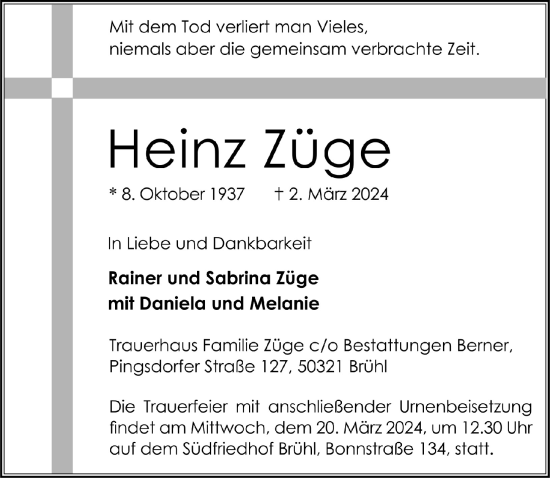 Anzeige von Heinz Züge von  Schlossbote/Werbekurier 