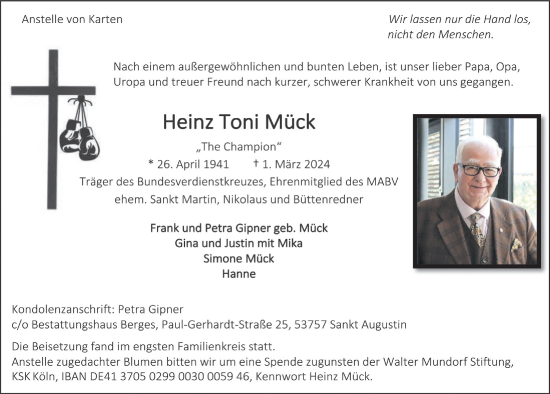 Anzeige von Heinz Toni Mück von  Extra Blatt 