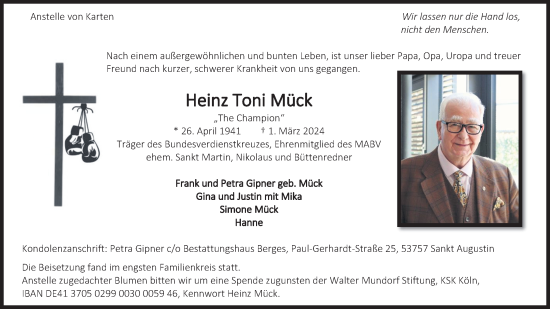Anzeige von Heinz Toni Mück von Kölner Stadt-Anzeiger / Kölnische Rundschau / Express