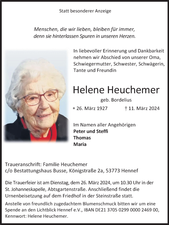 Anzeige von Helene Heuchemer von Kölner Stadt-Anzeiger / Kölnische Rundschau / Express