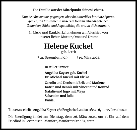 Anzeige von Helene Kuckel von Kölner Stadt-Anzeiger / Kölnische Rundschau / Express