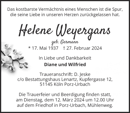 Anzeige von Helene Weyergans von  EXPRESS - Die Woche 