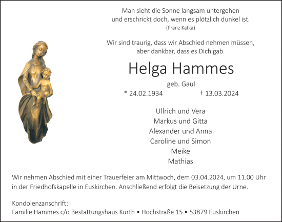 Anzeige von Helga Hammes von  Blickpunkt Euskirchen 