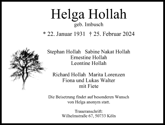 Anzeige von Helga Hollah von Kölner Stadt-Anzeiger / Kölnische Rundschau / Express