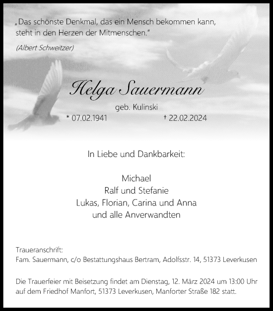 Anzeige von Helga Sauermann von Kölner Stadt-Anzeiger / Kölnische Rundschau / Express