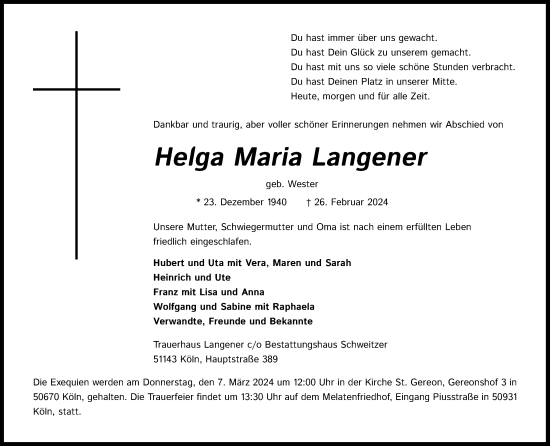 Anzeige von Helga Maria Langener von Kölner Stadt-Anzeiger / Kölnische Rundschau / Express